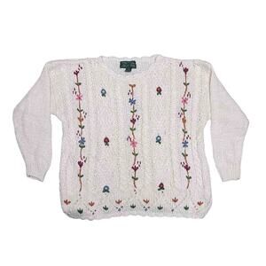Knitted By Hand Cherry Stix Crew Neck Sweater Sz L Cream Embroidered Cottagecore